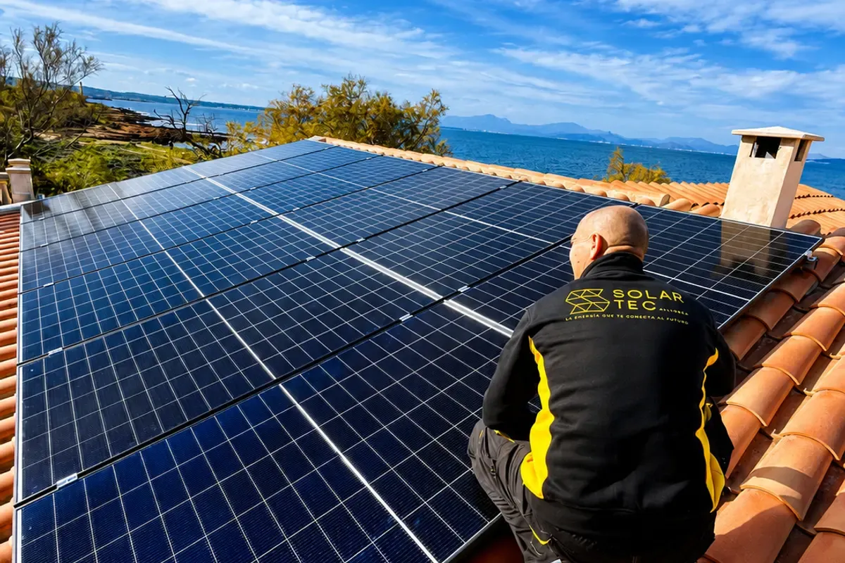 Instalador de Solartec colocando placas solares en un tejado de Mallorca