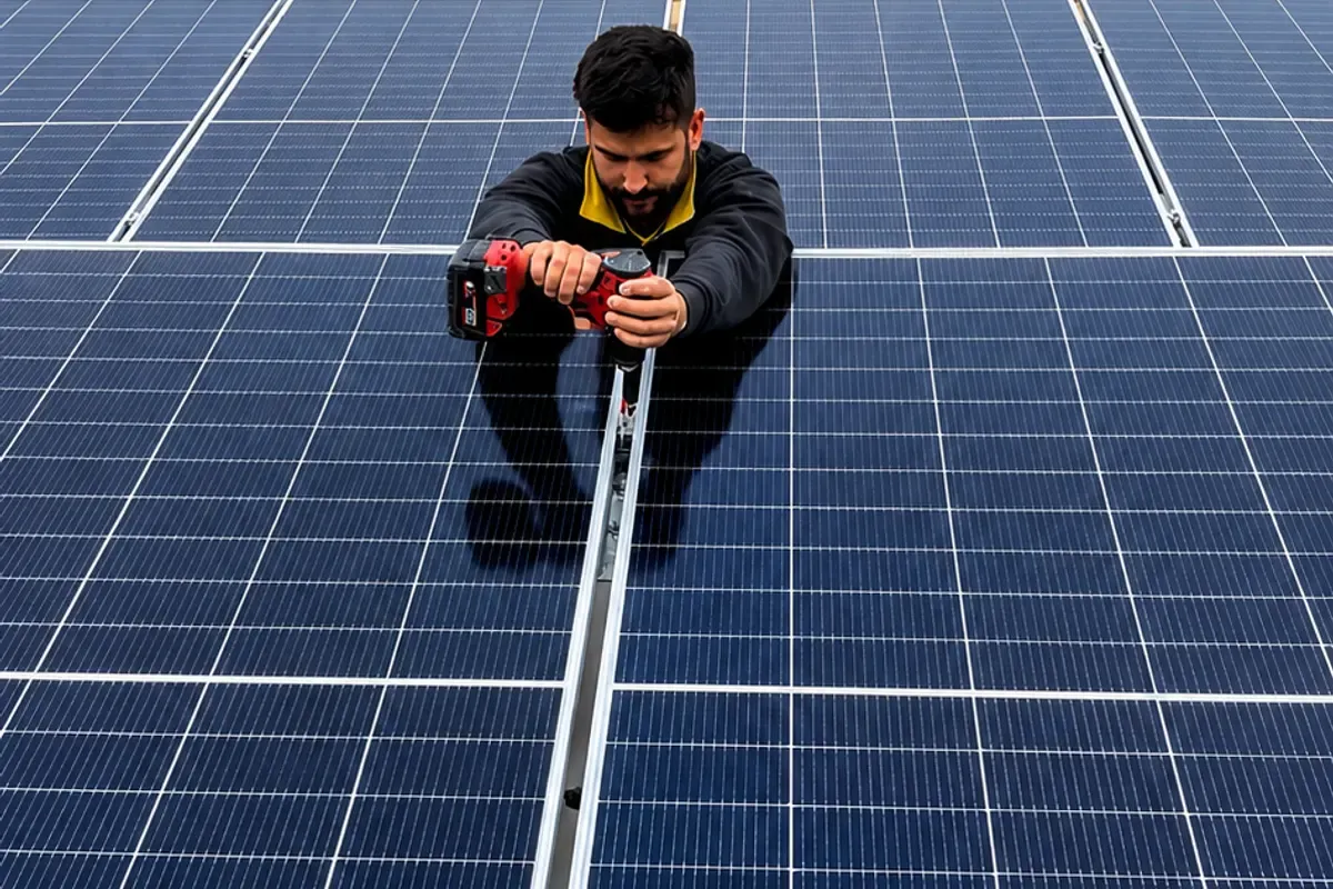 Técnico montando la estructura de los paneles solares con vistas al mar