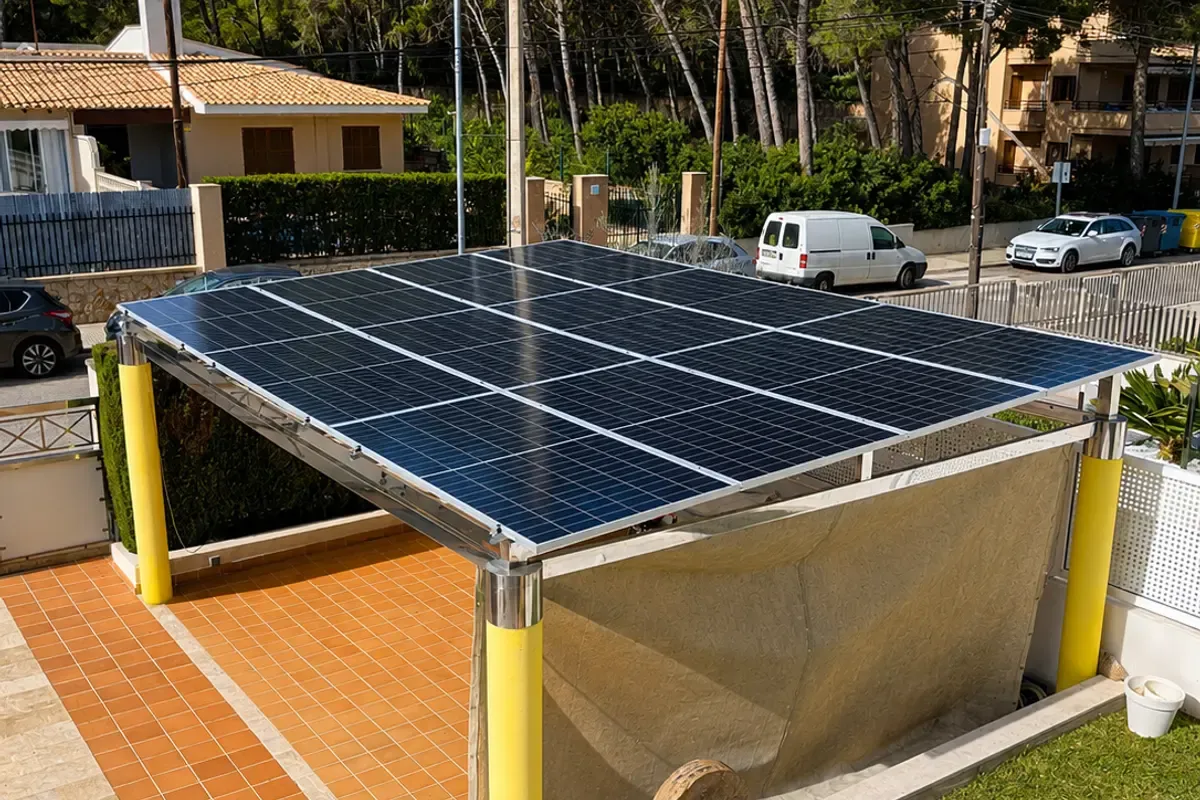Pérgola solar fotovoltaica en el jardín de una vivienda