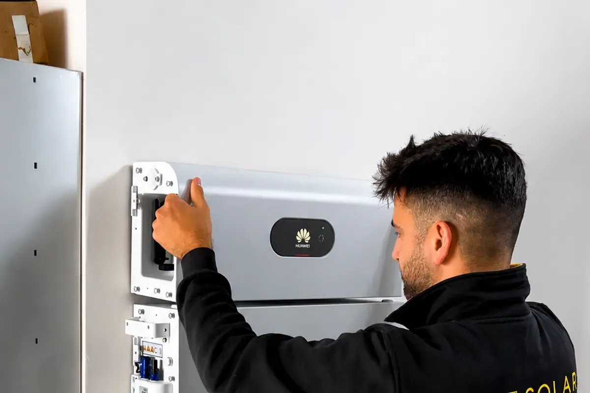 Técnico de Solartec instalando una batería de almacenamiento solar